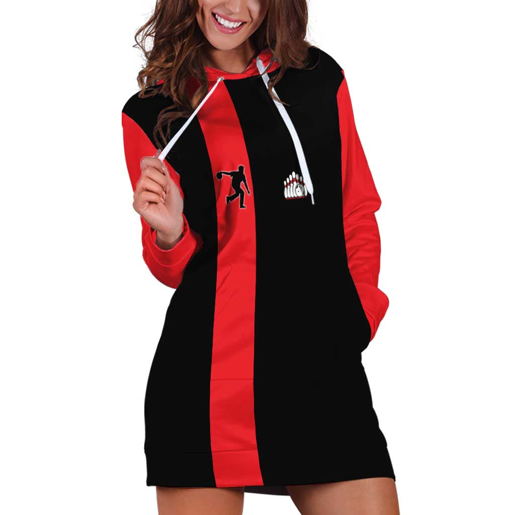 Custom Red and Black Bowling Hoodie Dress with Strike Explosion Graphic Custom Name and Bowler Silhouette - Wonder Print Shop