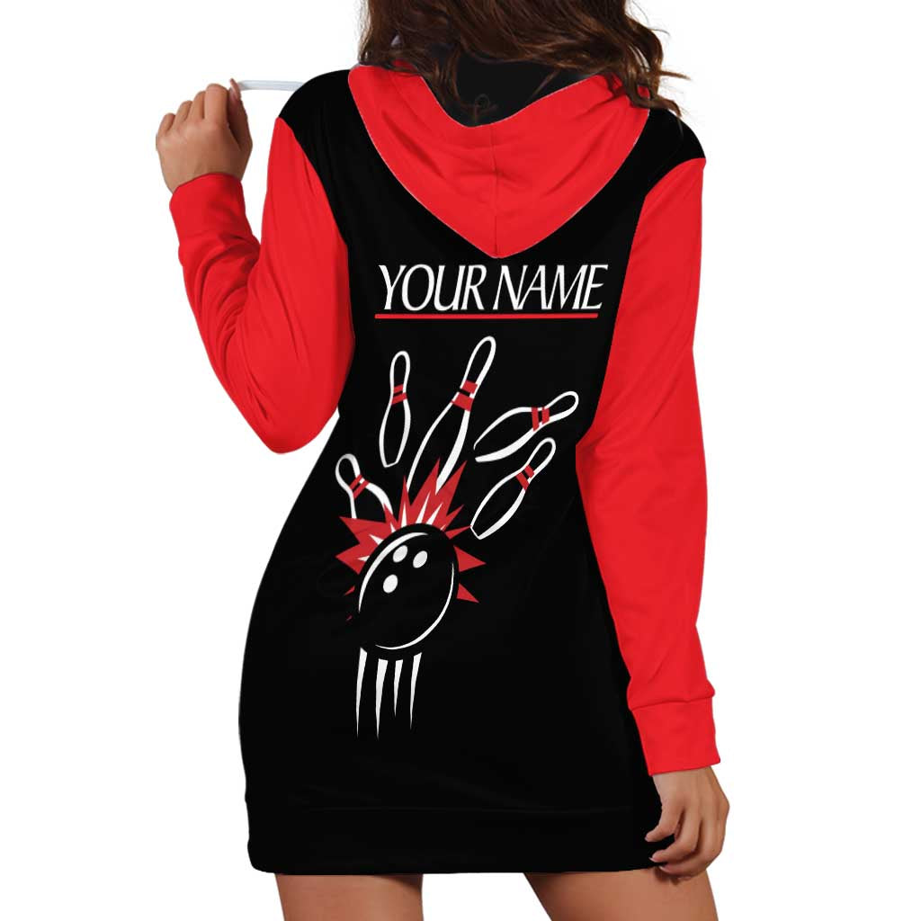 Custom Red and Black Bowling Hoodie Dress with Strike Explosion Graphic Custom Name and Bowler Silhouette - Wonder Print Shop