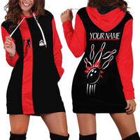 Custom Red and Black Bowling Hoodie Dress with Strike Explosion Graphic Custom Name and Bowler Silhouette - Wonder Print Shop