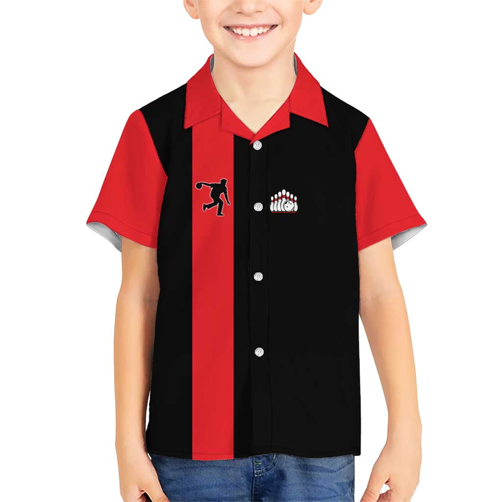 Custom Red and Black Bowling Kid Hawaiian Shirt with Strike Explosion Graphic Custom Name and Bowler Silhouette - Wonder Print Shop