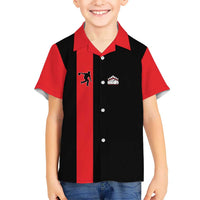 Custom Red and Black Bowling Kid Hawaiian Shirt with Strike Explosion Graphic Custom Name and Bowler Silhouette - Wonder Print Shop