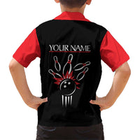 Custom Red and Black Bowling Kid Hawaiian Shirt with Strike Explosion Graphic Custom Name and Bowler Silhouette - Wonder Print Shop