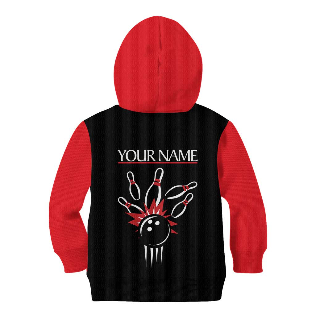 Custom Red and Black Bowling Kid Hoodie with Strike Explosion Graphic Custom Name and Bowler Silhouette - Wonder Print Shop