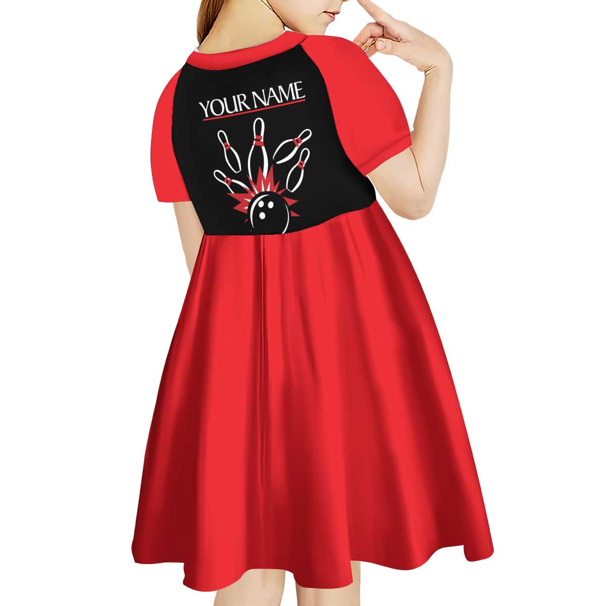 Custom Red and Black Bowling Kid Short Sleeve Dress with Strike Explosion Graphic Custom Name and Bowler Silhouette - Wonder Print Shop