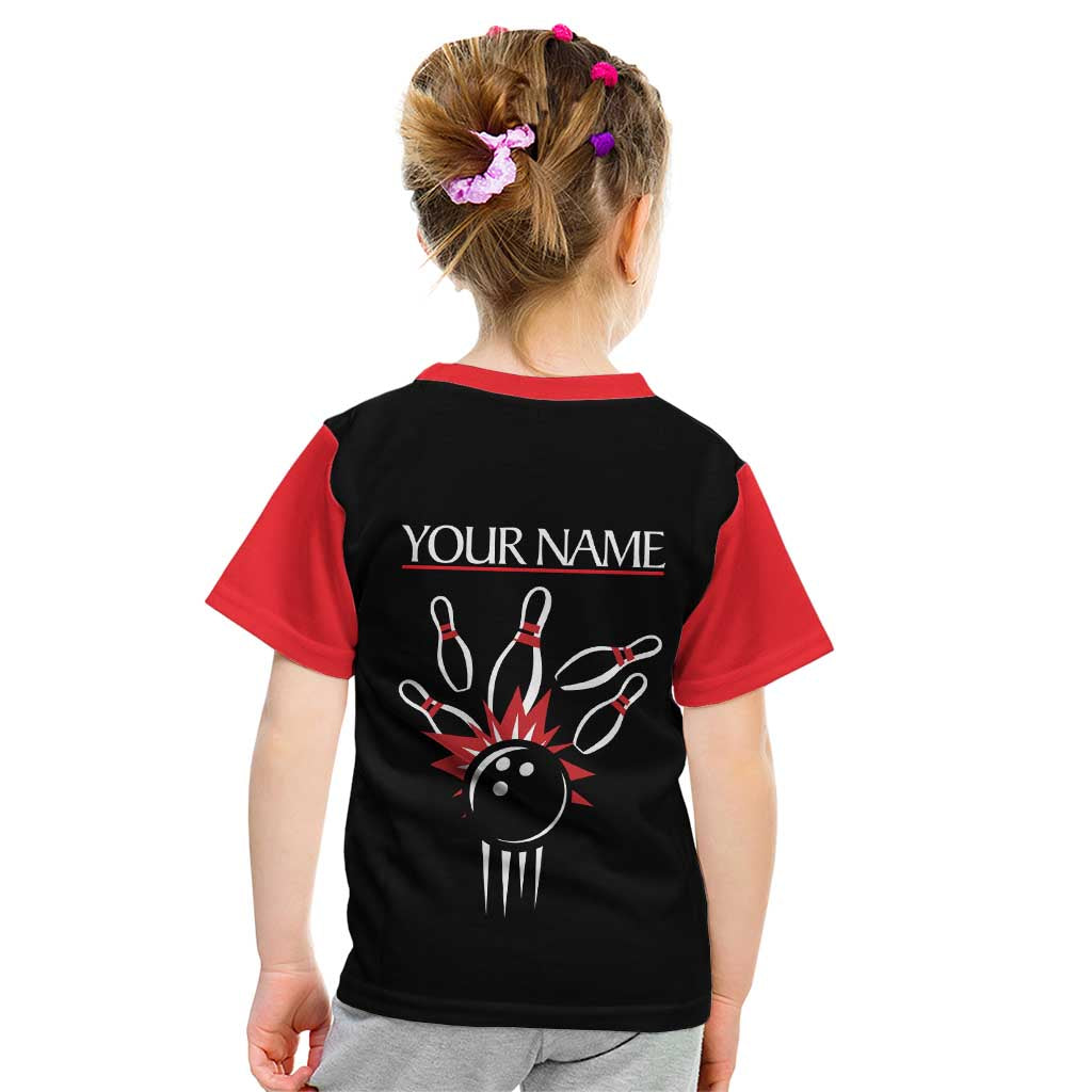 Custom Red and Black Bowling Kid T Shirt with Strike Explosion Graphic Custom Name and Bowler Silhouette - Wonder Print Shop