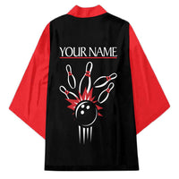 Custom Red and Black Bowling Kimono with Strike Explosion Graphic Custom Name and Bowler Silhouette - Wonder Print Shop