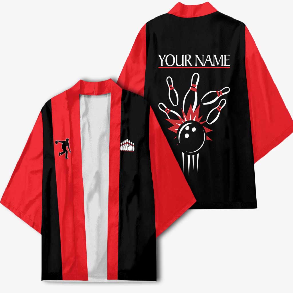 Custom Red and Black Bowling Kimono with Strike Explosion Graphic Custom Name and Bowler Silhouette - Wonder Print Shop