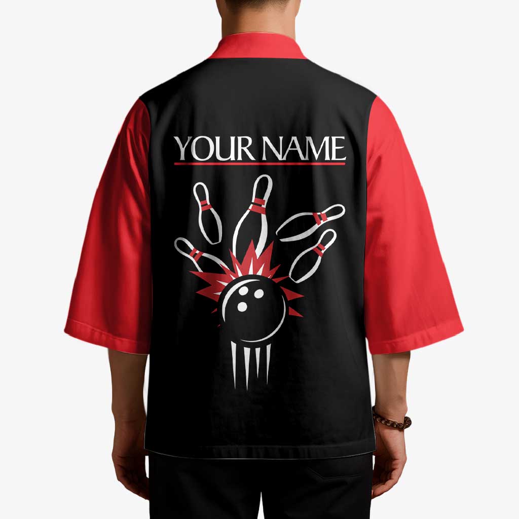 Custom Red and Black Bowling Kimono with Strike Explosion Graphic Custom Name and Bowler Silhouette - Wonder Print Shop