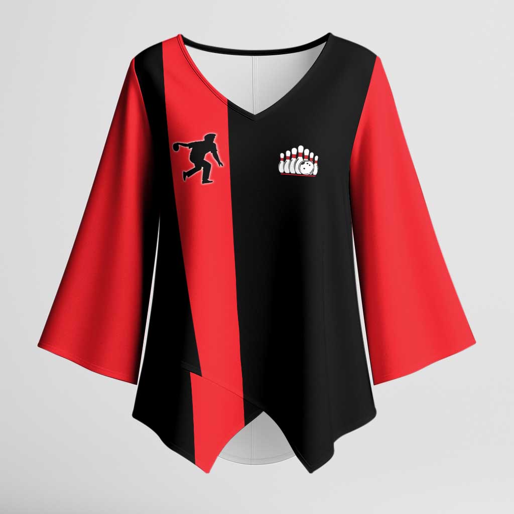 Custom Red and Black Bowling Kimono Sleeve Blouse with Strike Explosion Graphic Custom Name and Bowler Silhouette - Wonder Print Shop