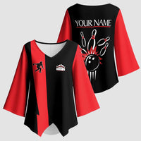 Custom Red and Black Bowling Kimono Sleeve Blouse with Strike Explosion Graphic Custom Name and Bowler Silhouette - Wonder Print Shop