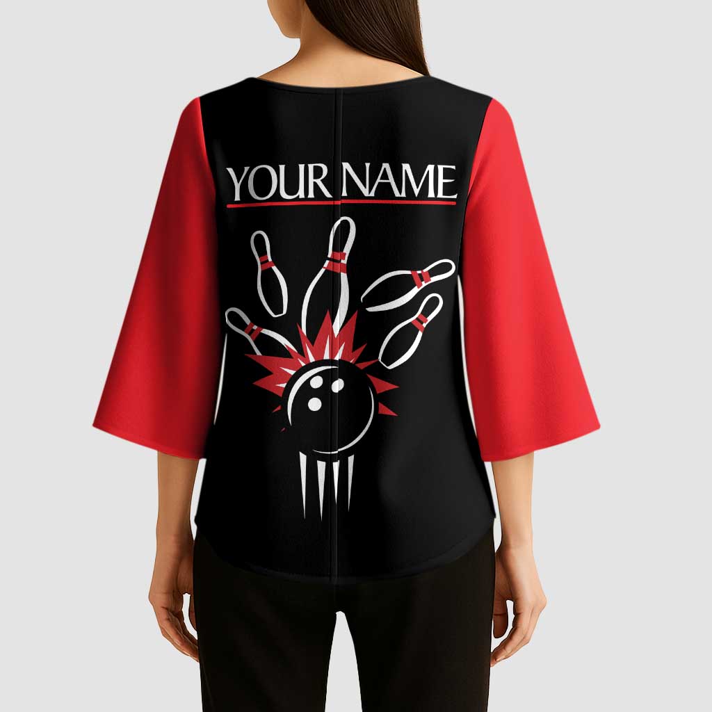 Custom Red and Black Bowling Kimono Sleeve Blouse with Strike Explosion Graphic Custom Name and Bowler Silhouette - Wonder Print Shop