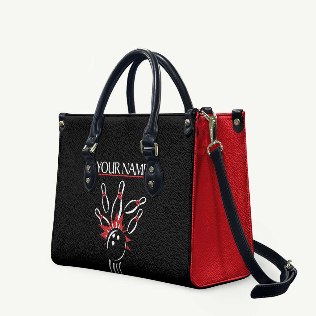 Custom Red and Black Bowling Leather Bag with Strike Explosion Graphic Custom Name and Bowler Silhouette - Wonder Print Shop