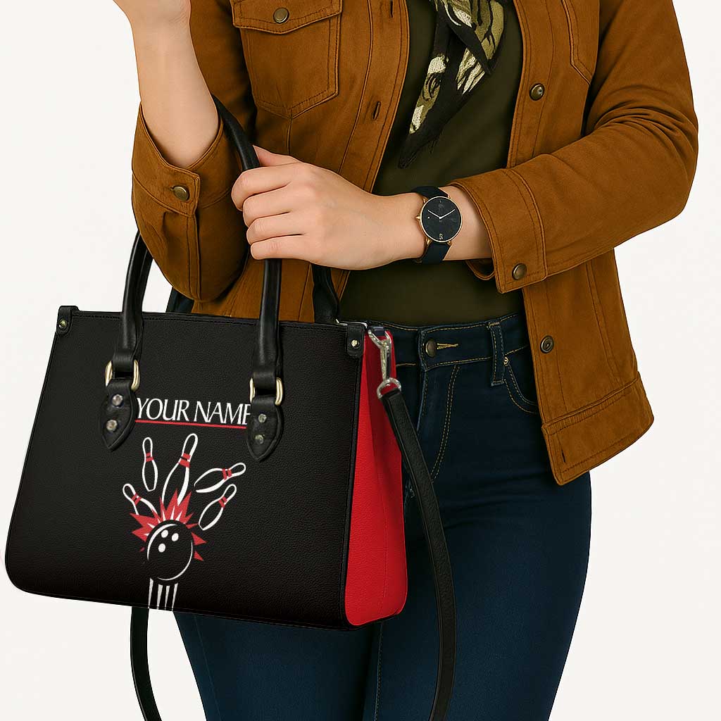Custom Red and Black Bowling Leather Bag with Strike Explosion Graphic Custom Name and Bowler Silhouette - Wonder Print Shop