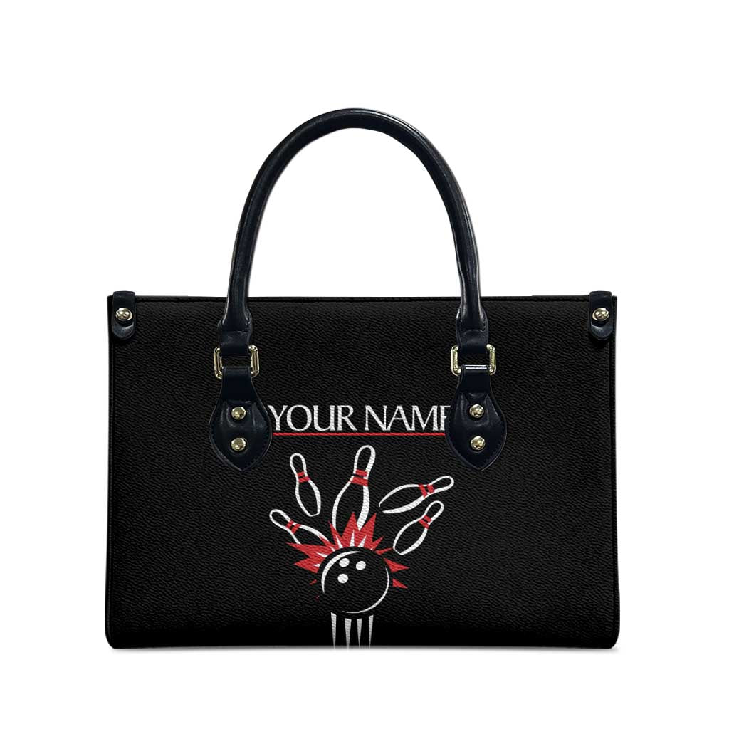Custom Red and Black Bowling Leather Bag with Strike Explosion Graphic Custom Name and Bowler Silhouette - Wonder Print Shop