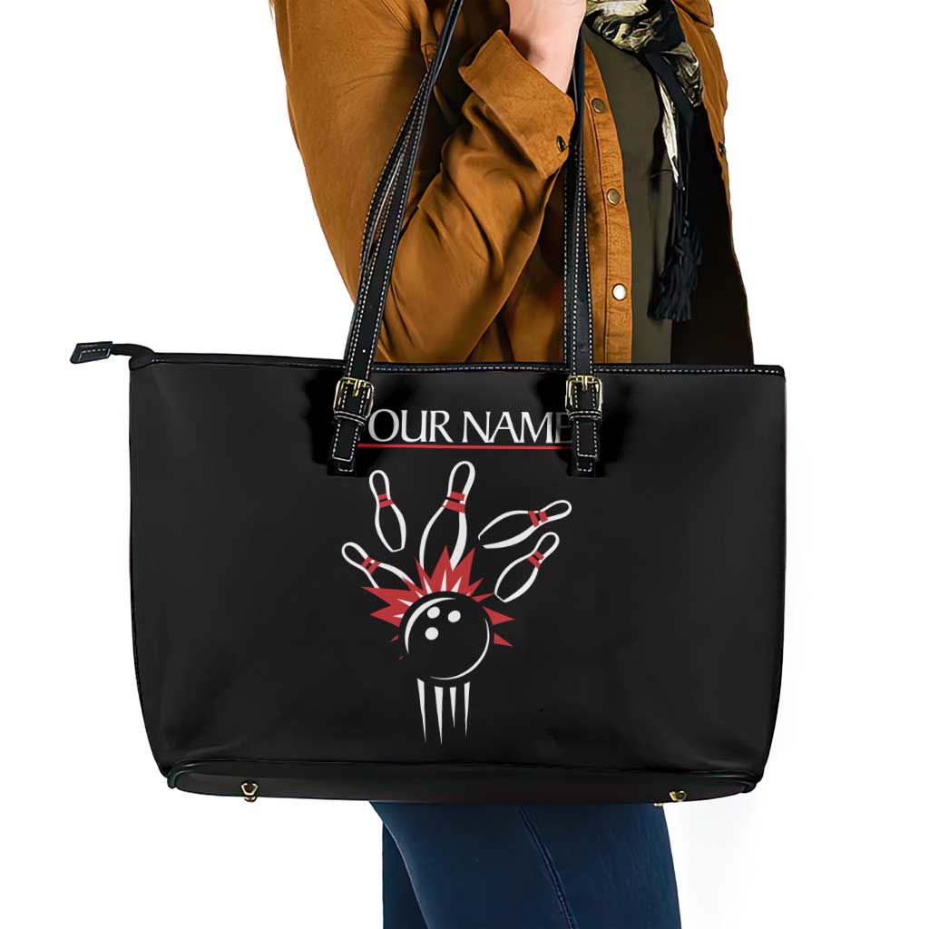 Custom Red and Black Bowling Leather Tote Bag with Strike Explosion Graphic Custom Name and Bowler Silhouette - Wonder Print Shop