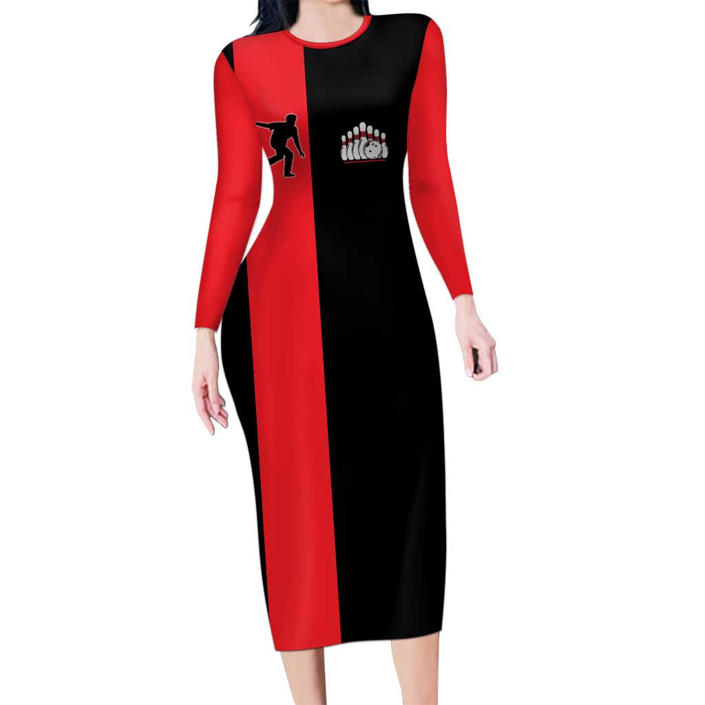 Custom Red and Black Bowling Long Sleeve Bodycon Dress with Strike Explosion Graphic Custom Name and Bowler Silhouette - Wonder Print Shop