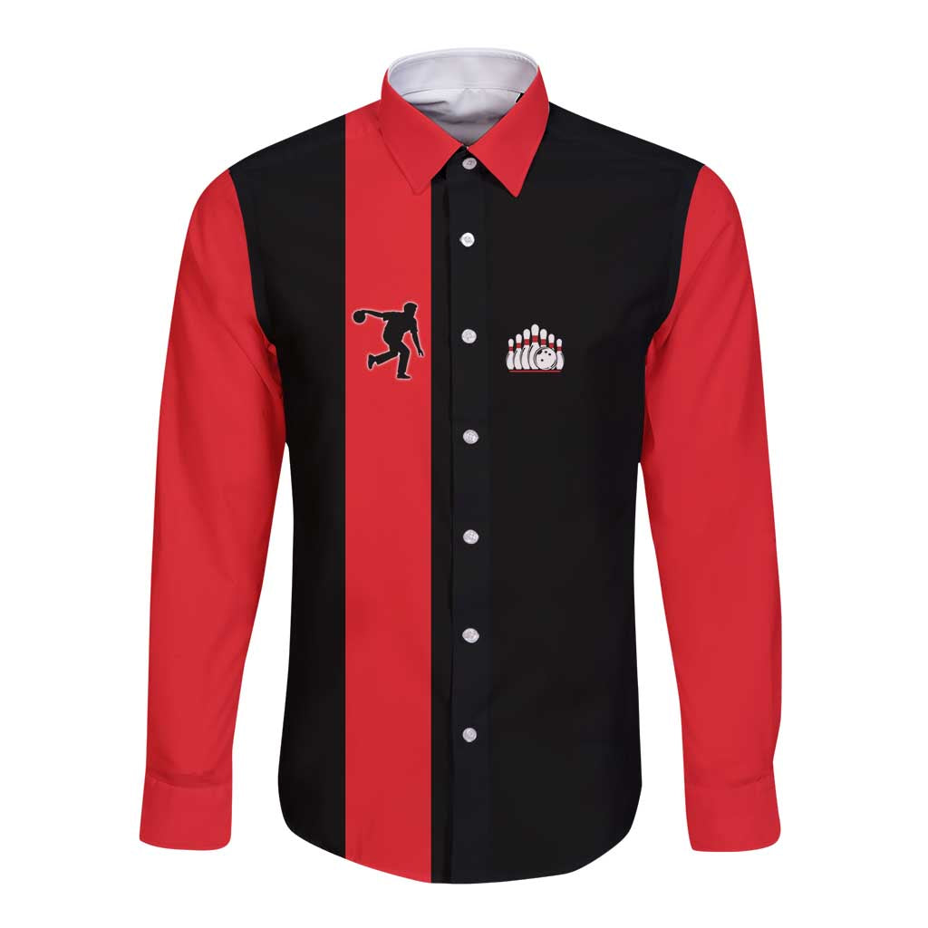 Custom Red and Black Bowling Long Sleeve Button Shirt with Strike Explosion Graphic Custom Name and Bowler Silhouette - Wonder Print Shop