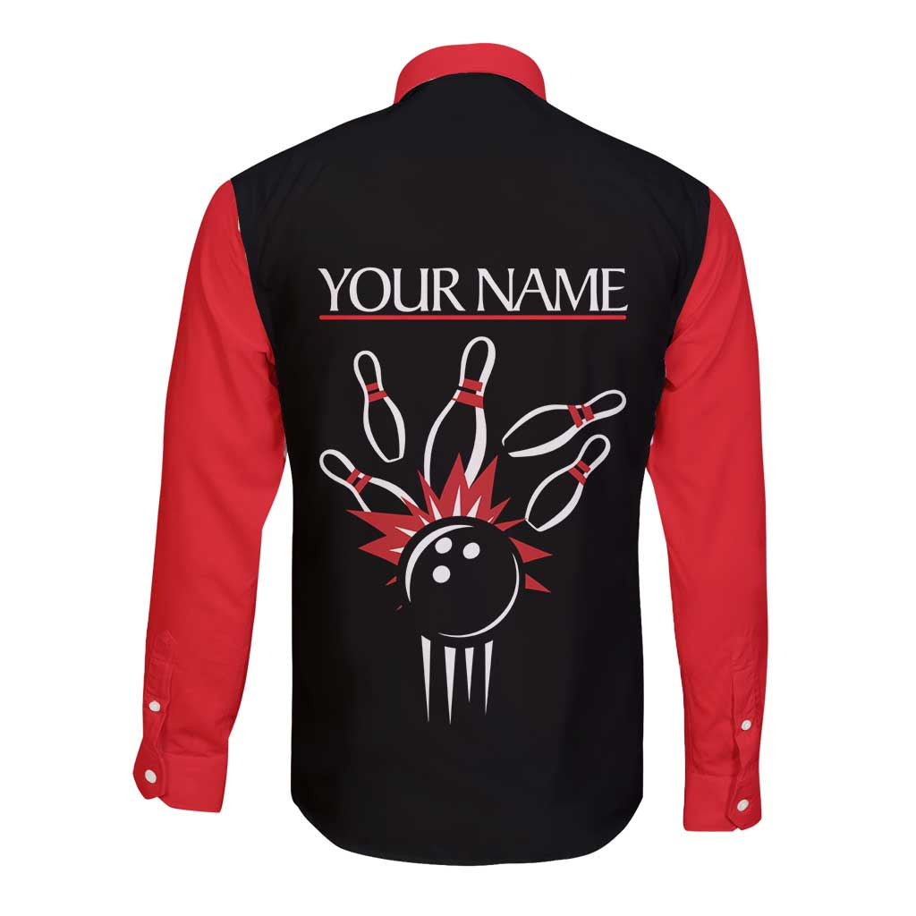 Custom Red and Black Bowling Long Sleeve Button Shirt with Strike Explosion Graphic Custom Name and Bowler Silhouette - Wonder Print Shop