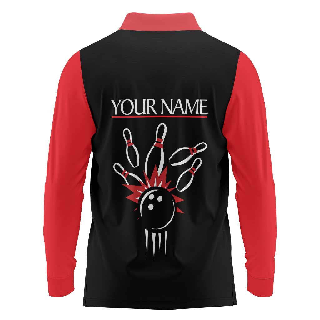 Custom Red and Black Bowling Long Sleeve Polo Shirt with Strike Explosion Graphic Custom Name and Bowler Silhouette - Wonder Print Shop