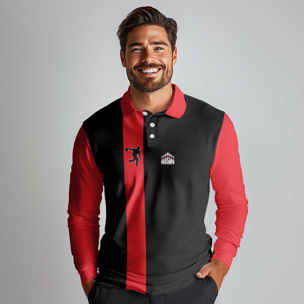 Custom Red and Black Bowling Long Sleeve Polo Shirt with Strike Explosion Graphic Custom Name and Bowler Silhouette - Wonder Print Shop