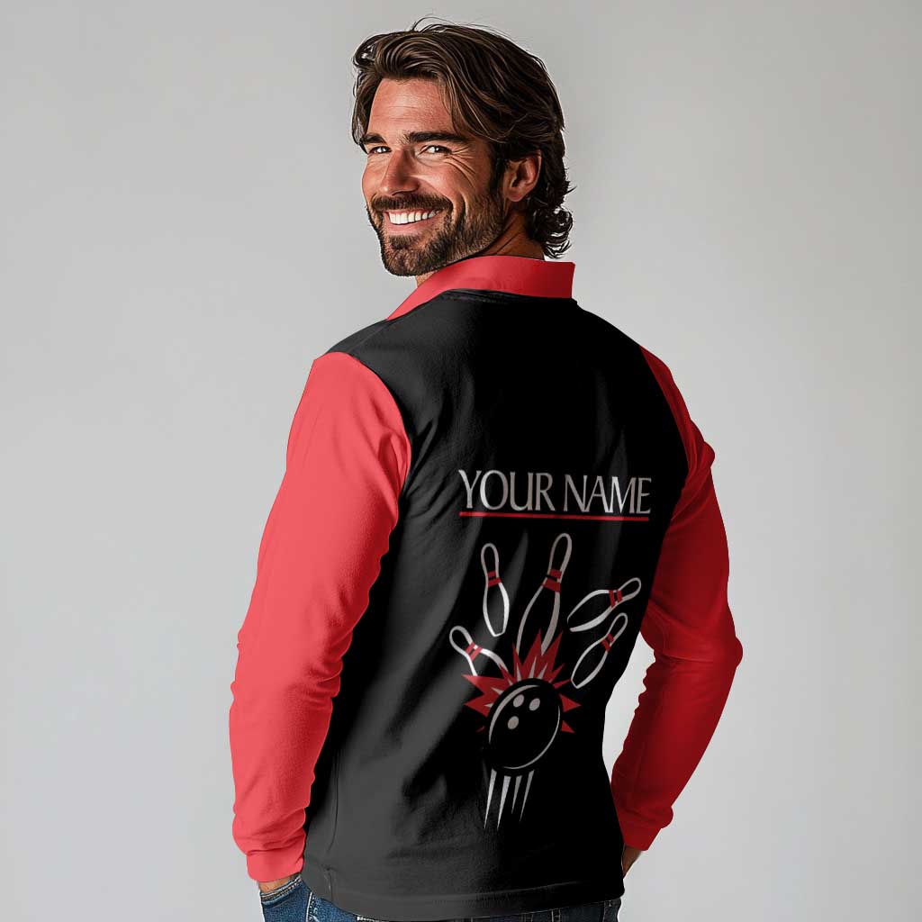 Custom Red and Black Bowling Long Sleeve Polo Shirt with Strike Explosion Graphic Custom Name and Bowler Silhouette - Wonder Print Shop