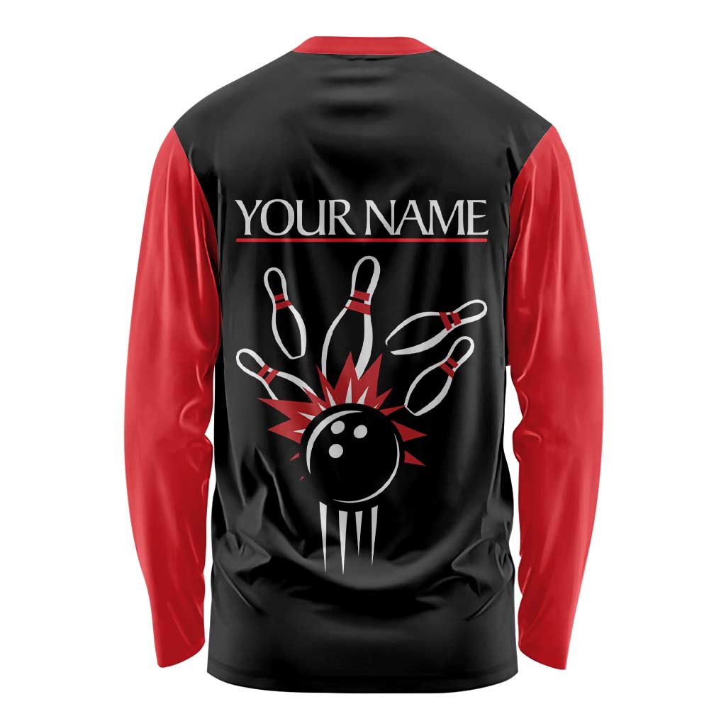 Custom Red and Black Bowling Long Sleeve Shirt with Strike Explosion Graphic Custom Name and Bowler Silhouette - Wonder Print Shop