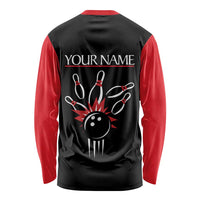 Custom Red and Black Bowling Long Sleeve Shirt with Strike Explosion Graphic Custom Name and Bowler Silhouette - Wonder Print Shop