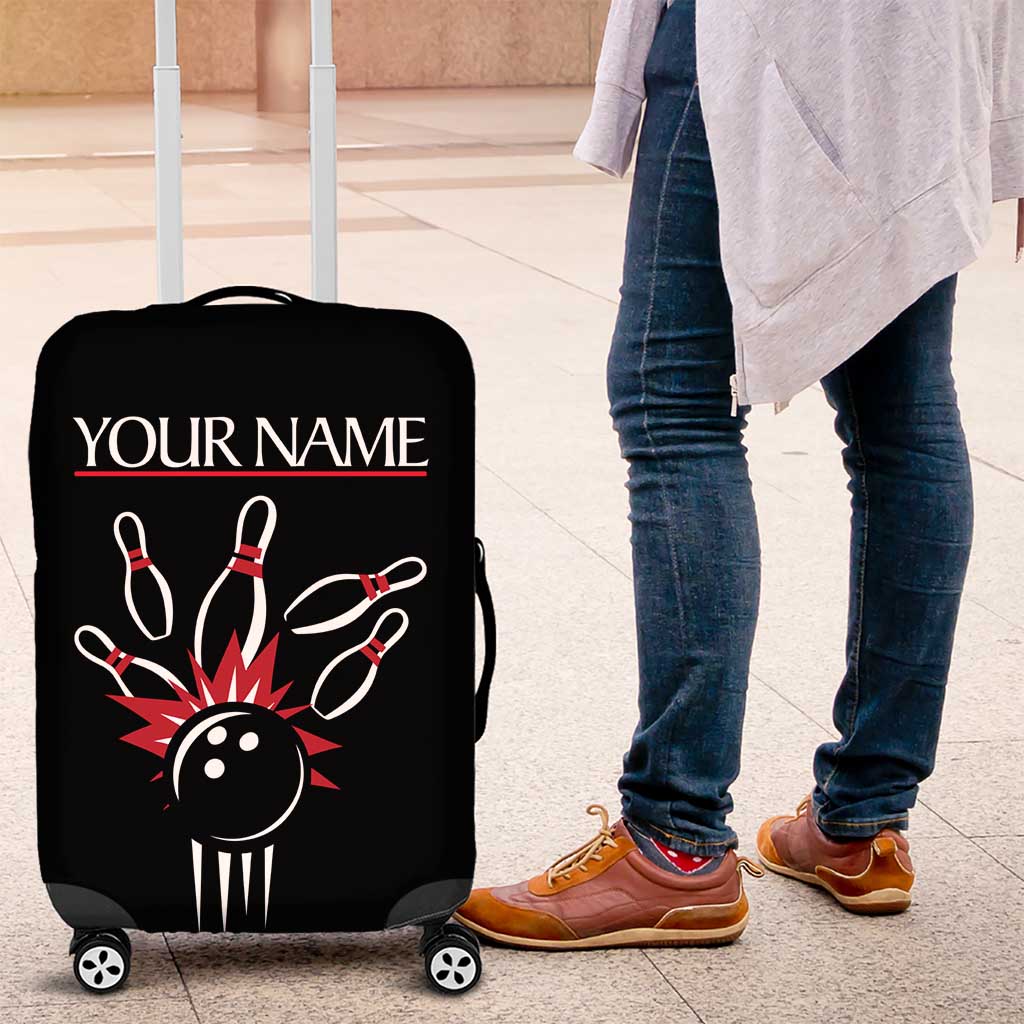 Custom Red and Black Bowling Luggage Cover with Strike Explosion Graphic Custom Name and Bowler Silhouette - undefined