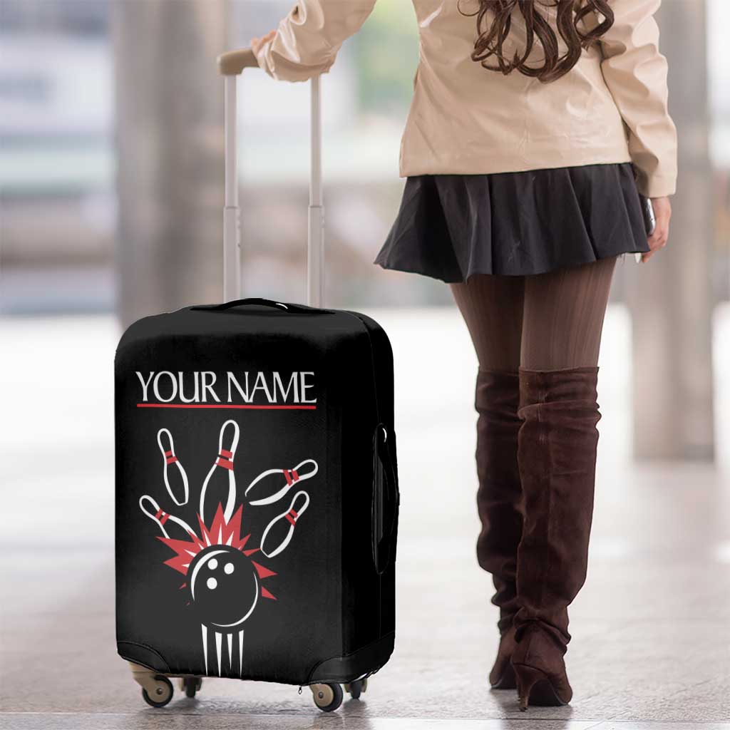 Custom Red and Black Bowling Luggage Cover with Strike Explosion Graphic Custom Name and Bowler Silhouette - undefined
