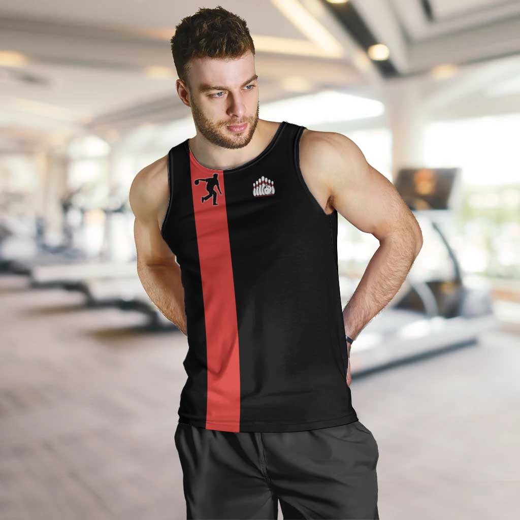 Custom Red and Black Bowling Men Tank Top with Strike Explosion Graphic Custom Name and Bowler Silhouette - Wonder Print Shop
