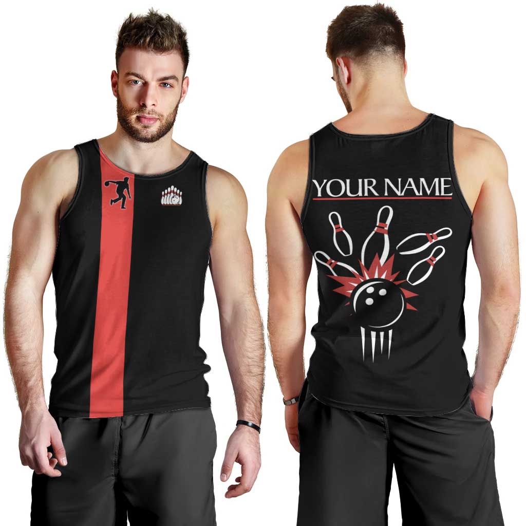 Custom Red and Black Bowling Men Tank Top with Strike Explosion Graphic Custom Name and Bowler Silhouette - Wonder Print Shop
