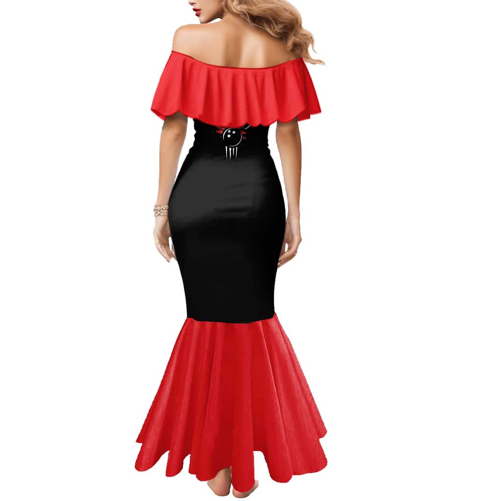 Custom Red and Black Bowling Mermaid Dress with Strike Explosion Graphic Custom Name and Bowler Silhouette - Wonder Print Shop