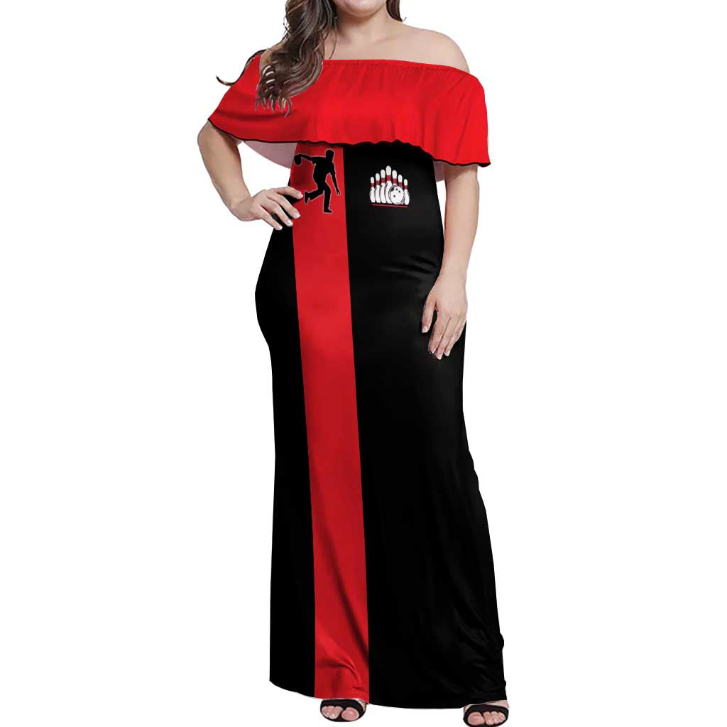 Custom Red and Black Bowling Off Shoulder Maxi Dress with Strike Explosion Graphic Custom Name and Bowler Silhouette - Wonder Print Shop