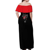 Custom Red and Black Bowling Off Shoulder Maxi Dress with Strike Explosion Graphic Custom Name and Bowler Silhouette - Wonder Print Shop