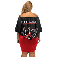Custom Red and Black Bowling Off Shoulder Short Dress with Strike Explosion Graphic Custom Name and Bowler Silhouette - Wonder Print Shop