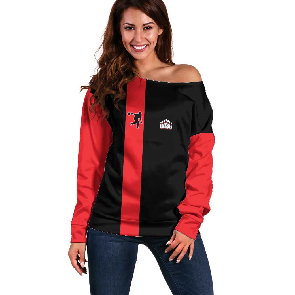 Custom Red and Black Bowling Off Shoulder Sweater with Strike Explosion Graphic Custom Name and Bowler Silhouette - Wonder Print Shop