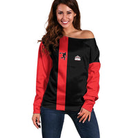 Custom Red and Black Bowling Off Shoulder Sweater with Strike Explosion Graphic Custom Name and Bowler Silhouette - Wonder Print Shop