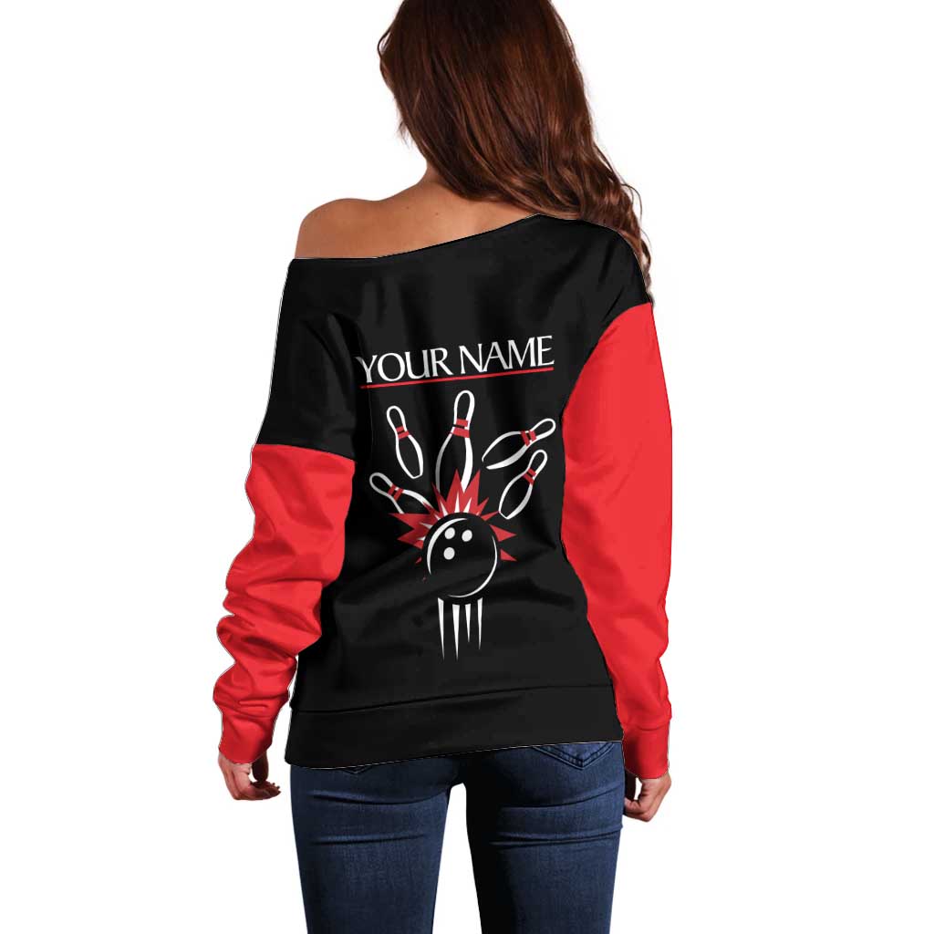 Custom Red and Black Bowling Off Shoulder Sweater with Strike Explosion Graphic Custom Name and Bowler Silhouette - Wonder Print Shop
