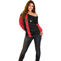 Custom Red and Black Bowling Off Shoulder Sweater with Strike Explosion Graphic Custom Name and Bowler Silhouette - Wonder Print Shop