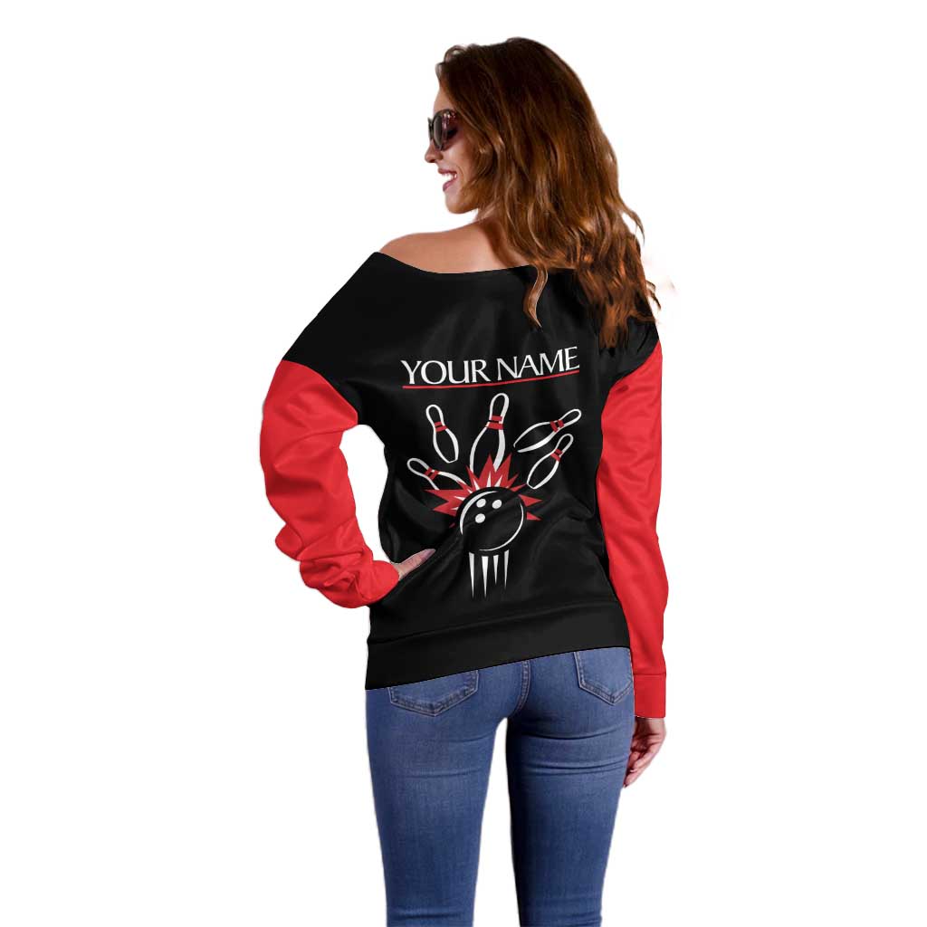 Custom Red and Black Bowling Off Shoulder Sweater with Strike Explosion Graphic Custom Name and Bowler Silhouette - Wonder Print Shop