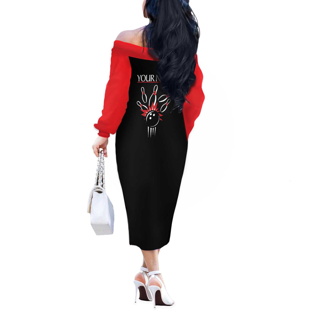 Custom Red and Black Bowling Off The Shoulder Long Sleeve Dress with Strike Explosion Graphic Custom Name and Bowler Silhouette - Wonder Print Shop