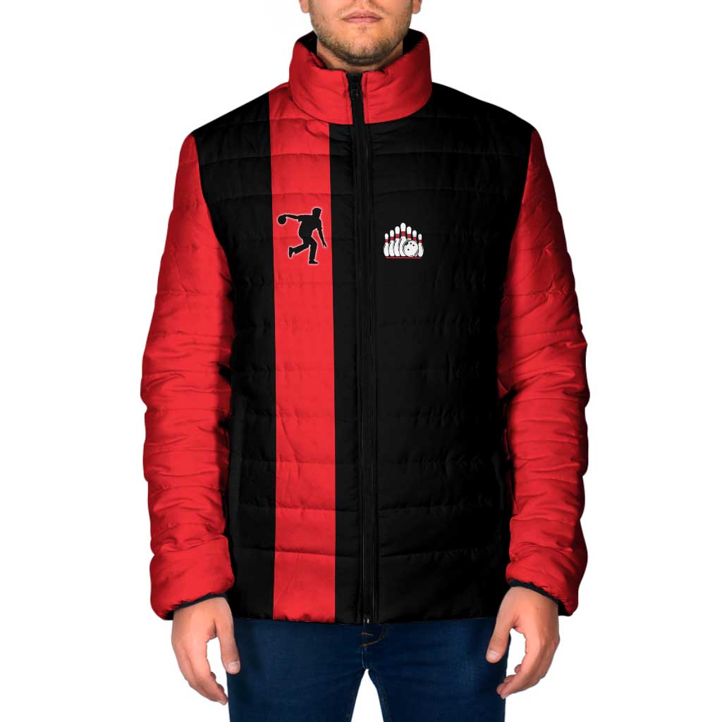 Custom Red and Black Bowling Padded Jacket with Strike Explosion Graphic Custom Name and Bowler Silhouette - Wonder Print Shop