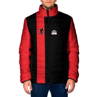 Custom Red and Black Bowling Padded Jacket with Strike Explosion Graphic Custom Name and Bowler Silhouette - Wonder Print Shop