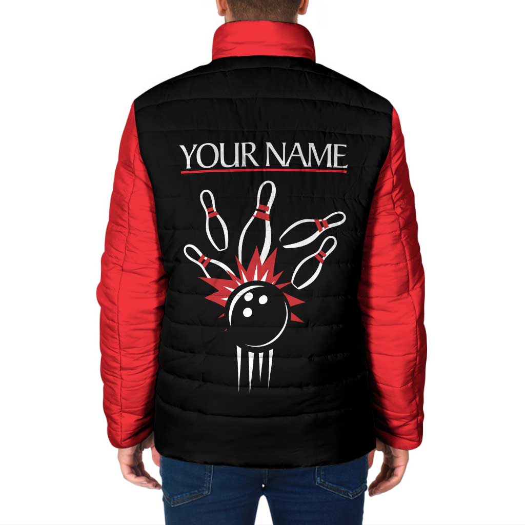 Custom Red and Black Bowling Padded Jacket with Strike Explosion Graphic Custom Name and Bowler Silhouette - Wonder Print Shop