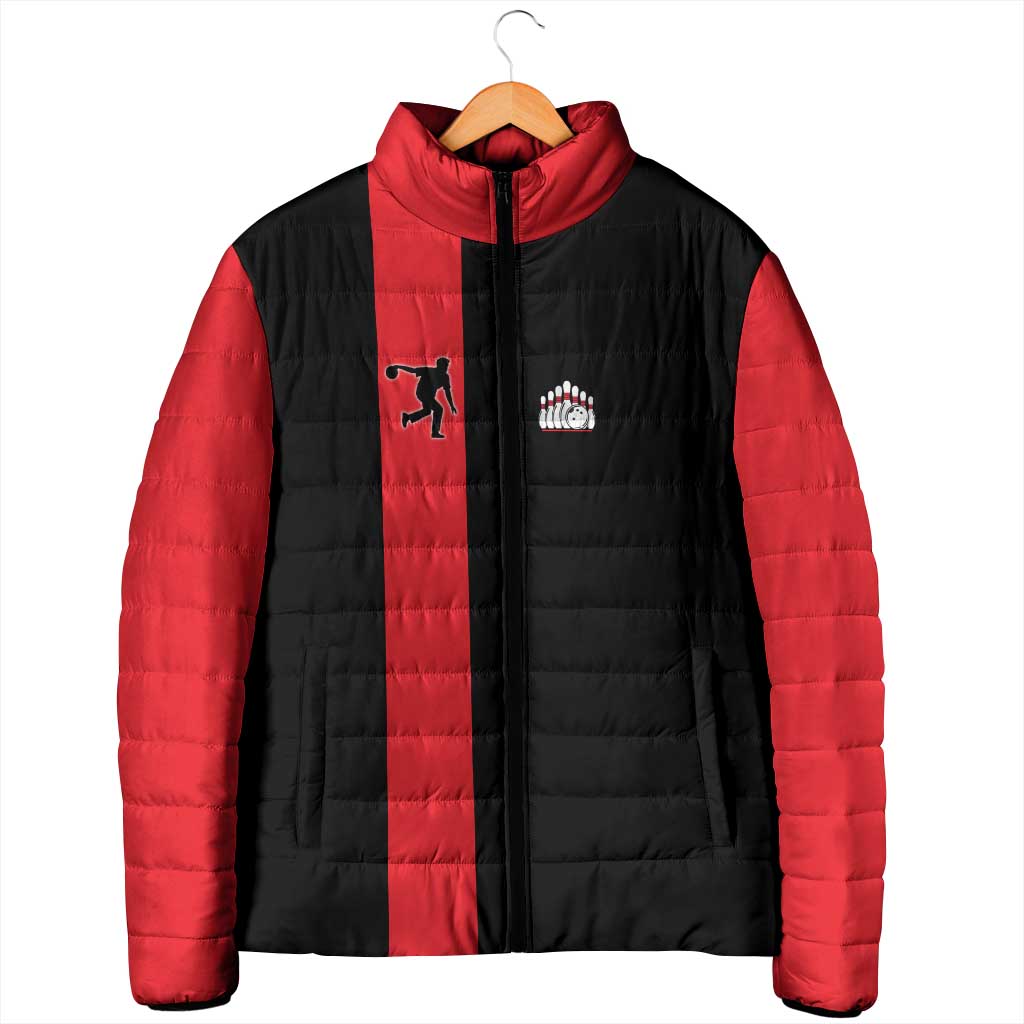 Custom Red and Black Bowling Padded Jacket with Strike Explosion Graphic Custom Name and Bowler Silhouette - Wonder Print Shop