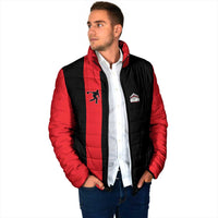 Custom Red and Black Bowling Padded Jacket with Strike Explosion Graphic Custom Name and Bowler Silhouette - Wonder Print Shop