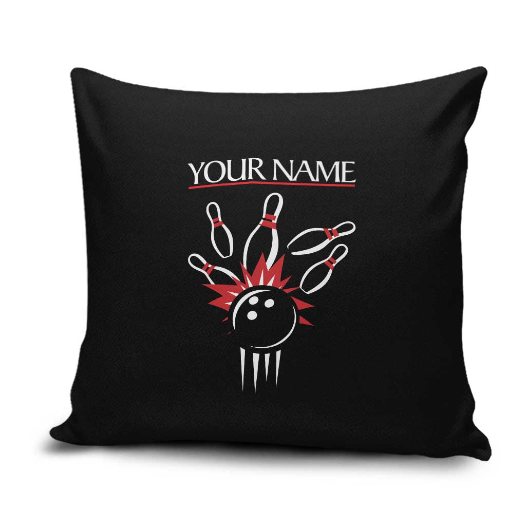Custom Red and Black Bowling Pillow Cover with Strike Explosion Graphic Custom Name and Bowler Silhouette - Wonder Print Shop