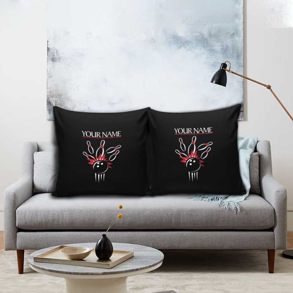 Custom Red and Black Bowling Pillow Cover with Strike Explosion Graphic Custom Name and Bowler Silhouette - Wonder Print Shop