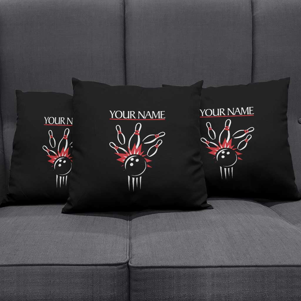 Custom Red and Black Bowling Pillow Cover with Strike Explosion Graphic Custom Name and Bowler Silhouette - Wonder Print Shop