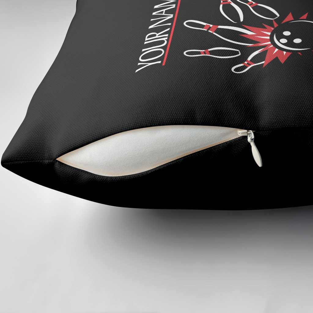 Custom Red and Black Bowling Pillow Cover with Strike Explosion Graphic Custom Name and Bowler Silhouette - Wonder Print Shop